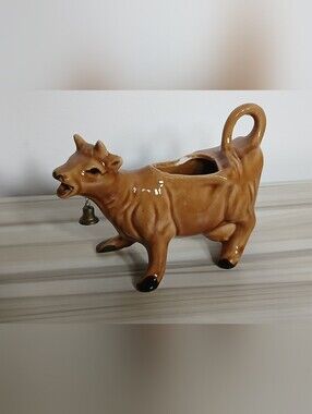 Vintage Ceramic Cow Creamer Pitcher Brown Jersey Cow with Bell Japan